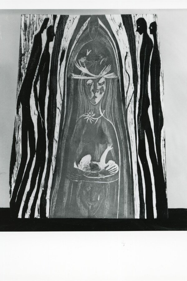 Žena, bar. dřevořez  Štoček